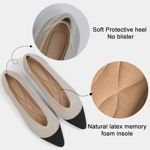 Women's Black and Beige Pointed Toe Knit Ballet Comfortable Slip On Flats Shoes - Picture 2 of 6
